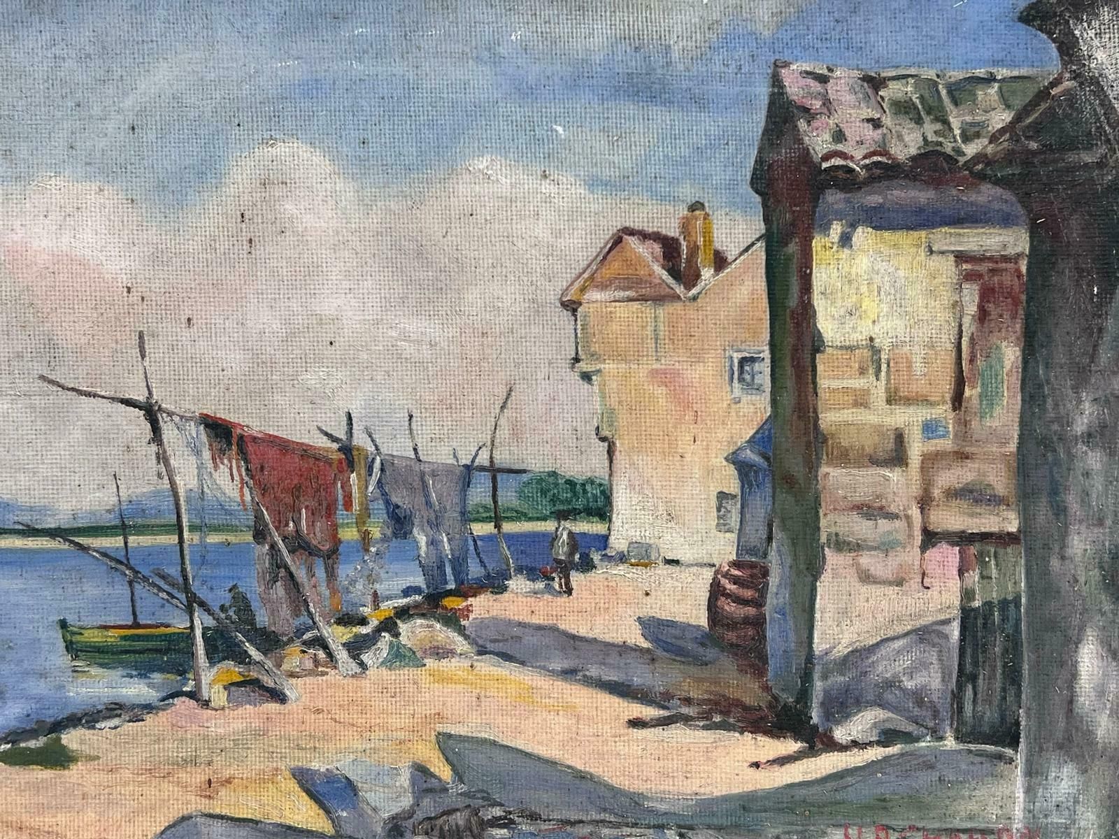 French Schoolmid 20th Century French Signed Oil South Of France Fishing Nets Drying In Harbor photo 357.0