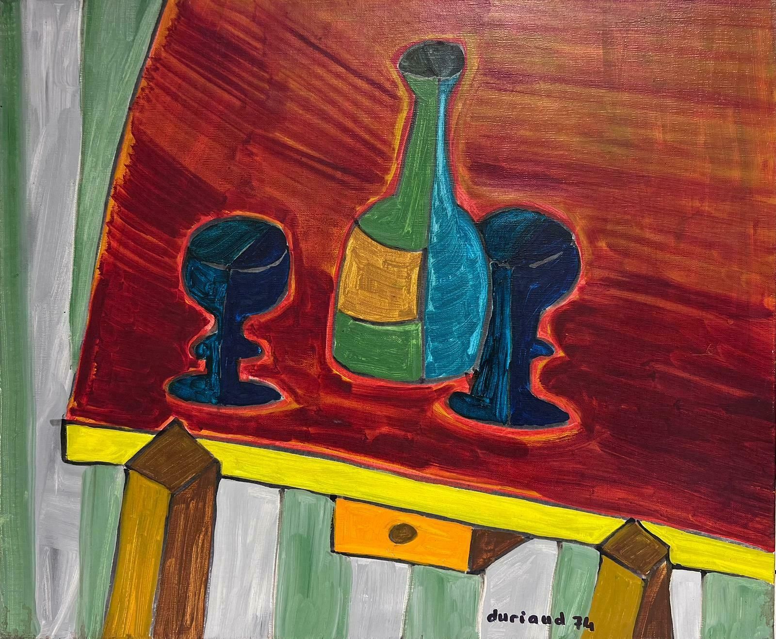 Christian Duriaudcontemporary French Abstract Modernist Painting Still Life Wine Bottle & Glasses