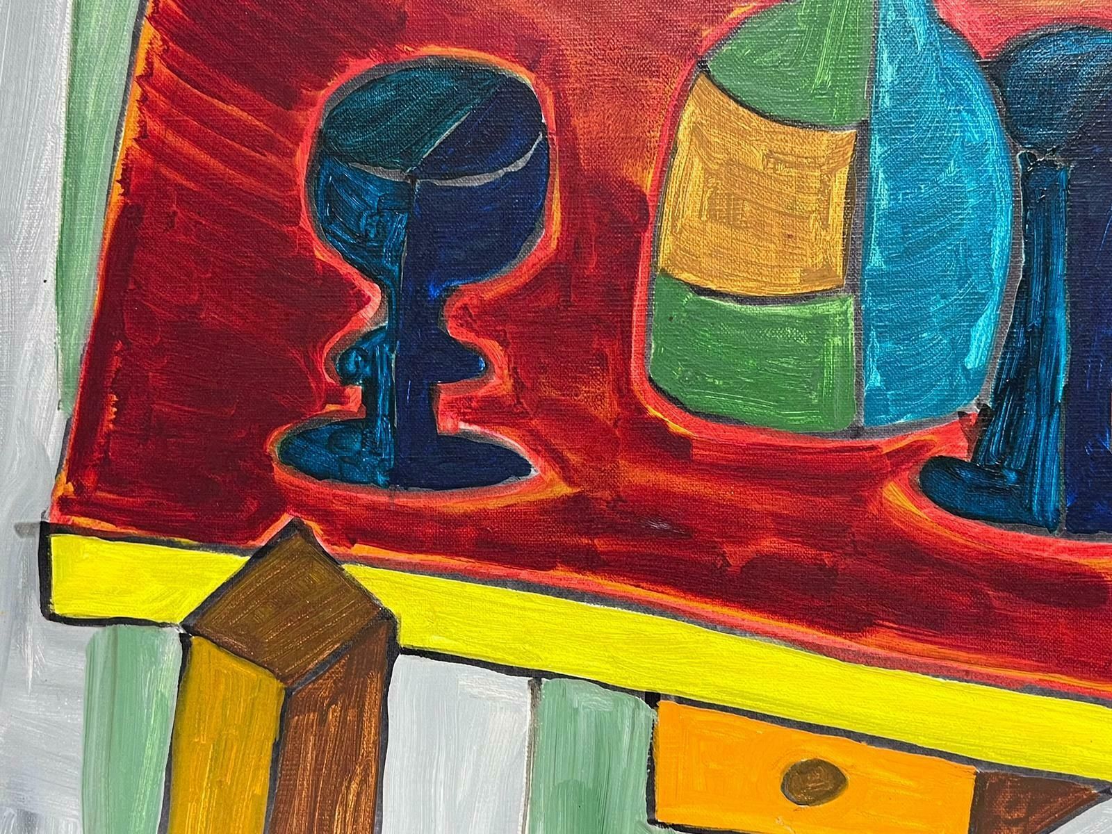 Christian Duriaudcontemporary French Abstract Modernist Painting Still Life Wine Bottle & Glasses photo furniture
