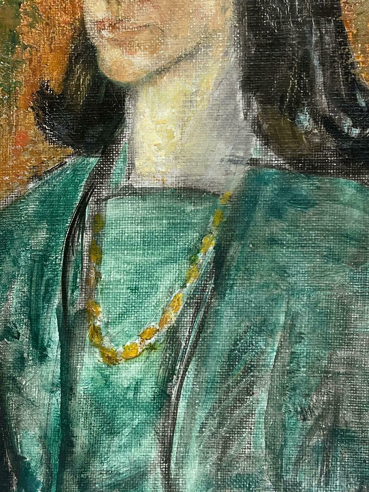Agnes Annabel Kidston1970's British Portrait Of Lady In Green Jacket Long Brown Hair, Oil Painting1970 photo for sale