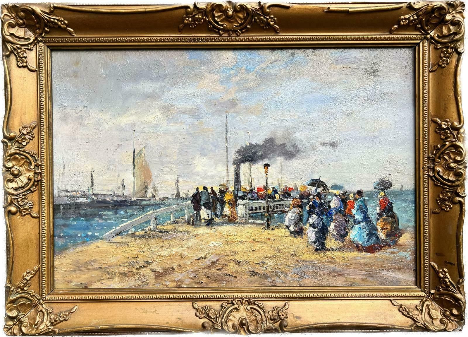 French Schoolfrench Impressionist Oil Painting Busy Beach Scene With Figures Boarding Ferry photo furniture