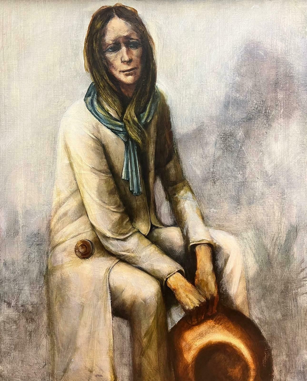Pierre La Fillelarge Belgian Modernist Signed Oil Portrait Of Sorrowful Lady In Blue Scarf