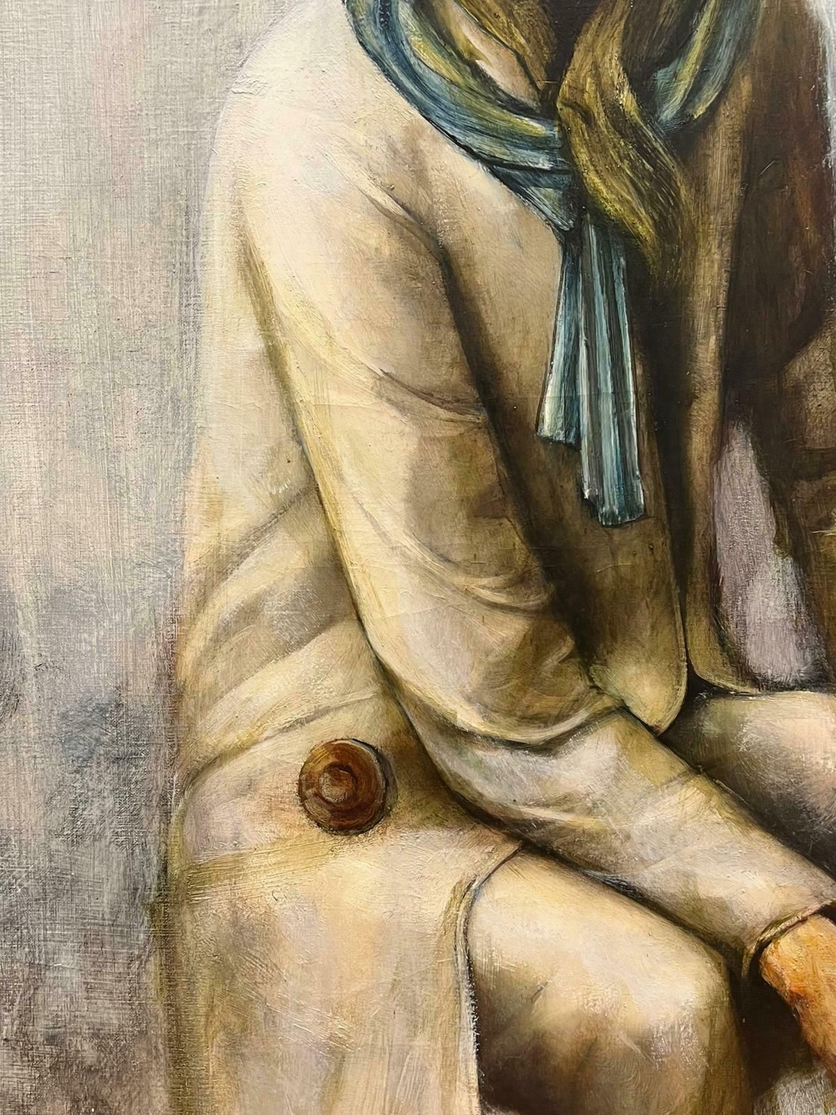 Pierre La Fillelarge Belgian Modernist Signed Oil Portrait Of Sorrowful Lady In Blue Scarf photo buy