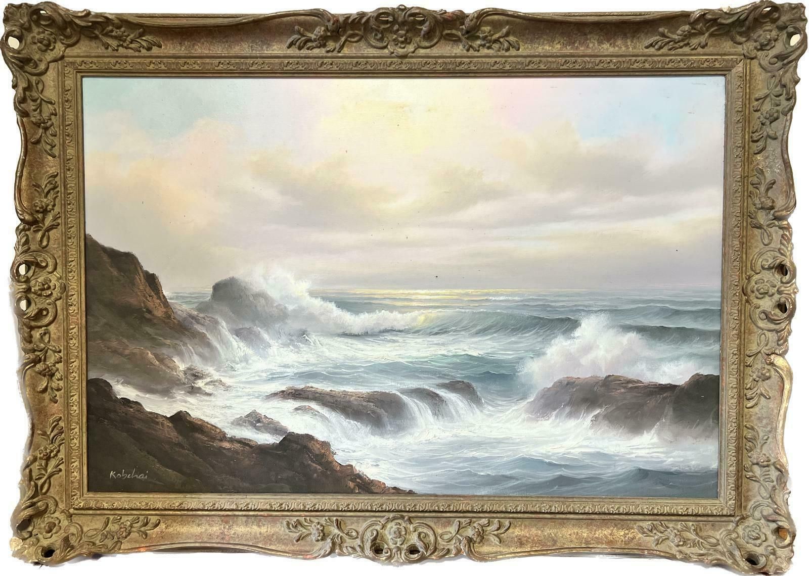 European Artistcrashing Waves Rocky Coast Large Traditional Signed Oil Painting Gilt Frame