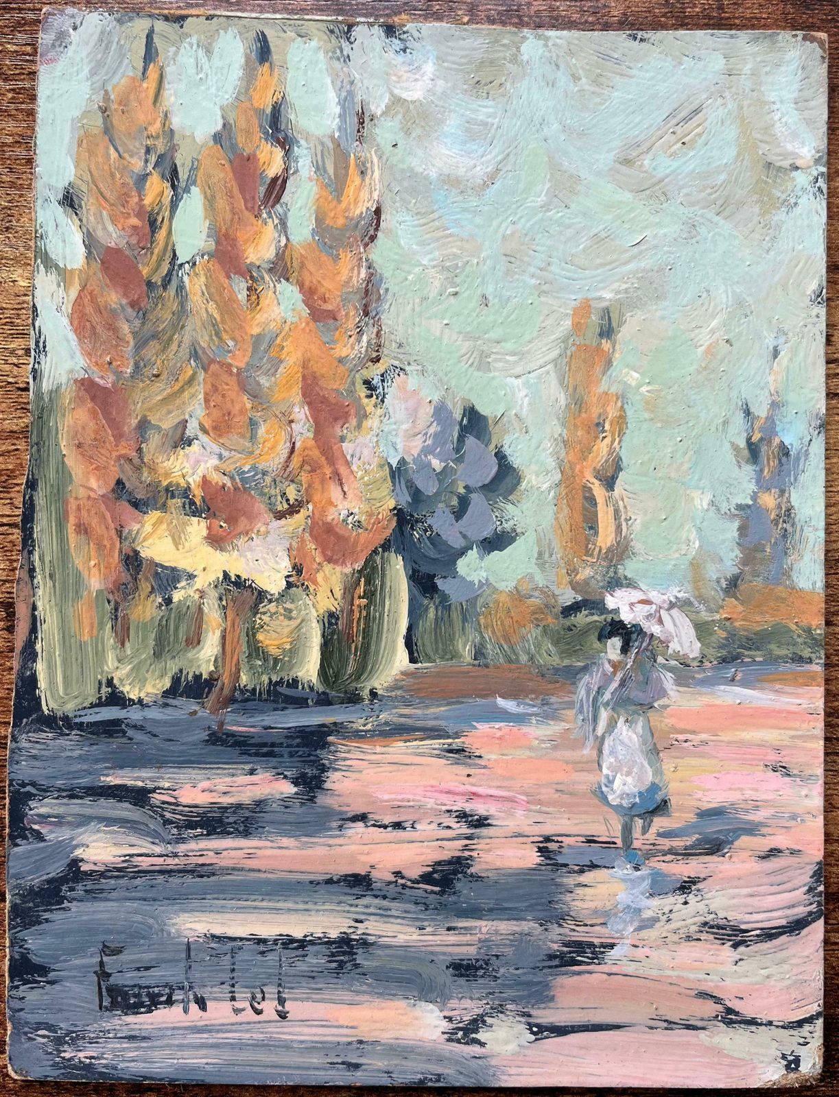 Fanch Lelfrench Impressionist Oil Painting Of A Lady Strolling With Parasol Among Trees1997 photo furniture