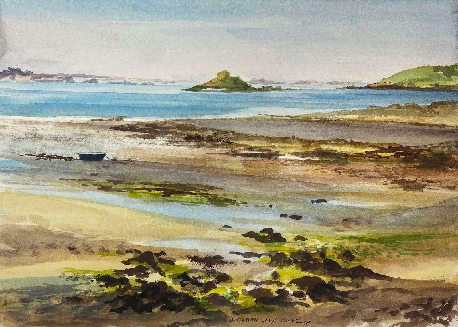 Josine Vignonpost Impressionist French Watercolour Painting Seascape Of Port Lazo, Brittanyc.1990