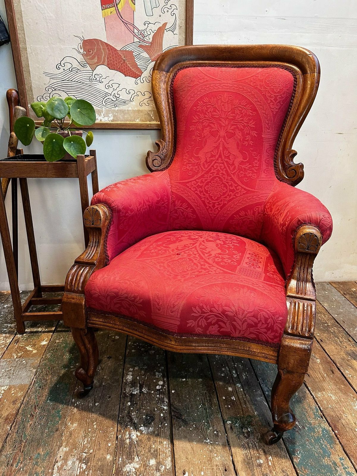 Antique English Oak Show Wood Upholstered Armchair C.1910 photo for sale