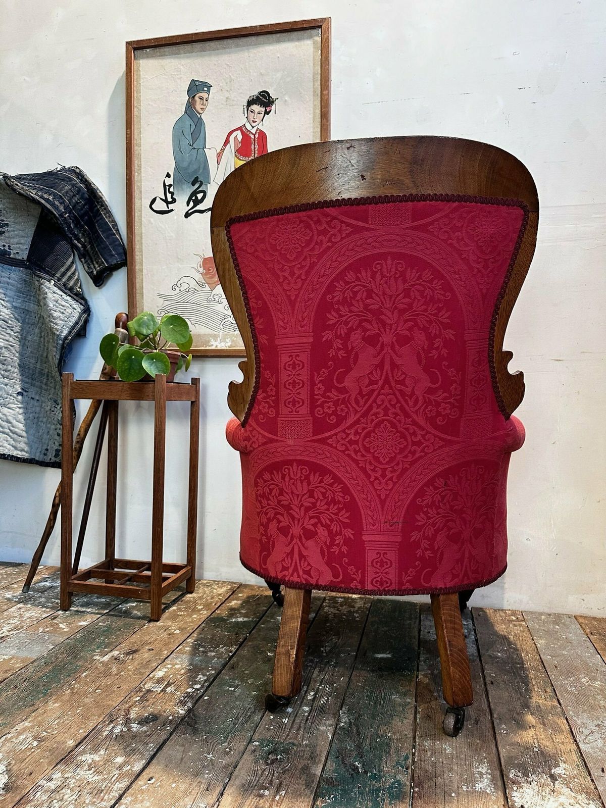 photo for sale Antique English Oak Show Wood Upholstered Armchair C.1910