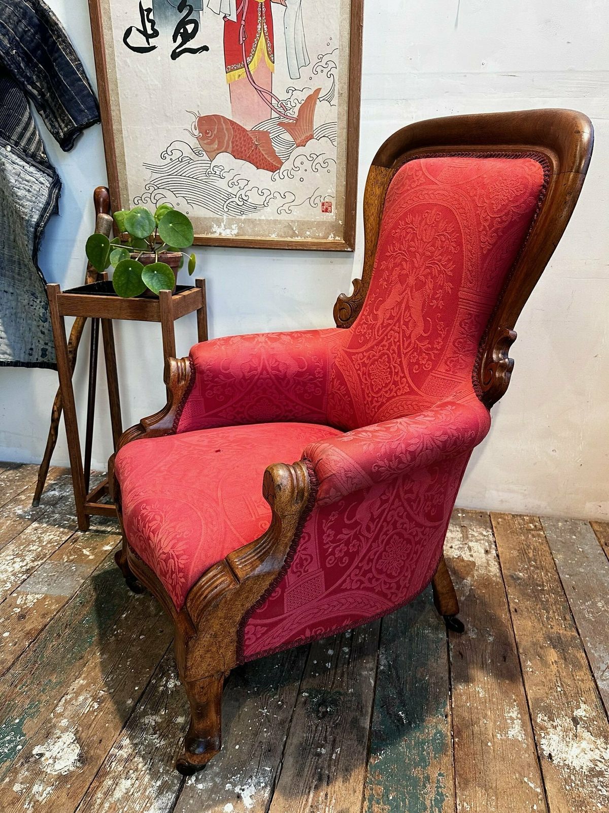 213.0 Antique English Oak Show Wood Upholstered Armchair C.1910 photo