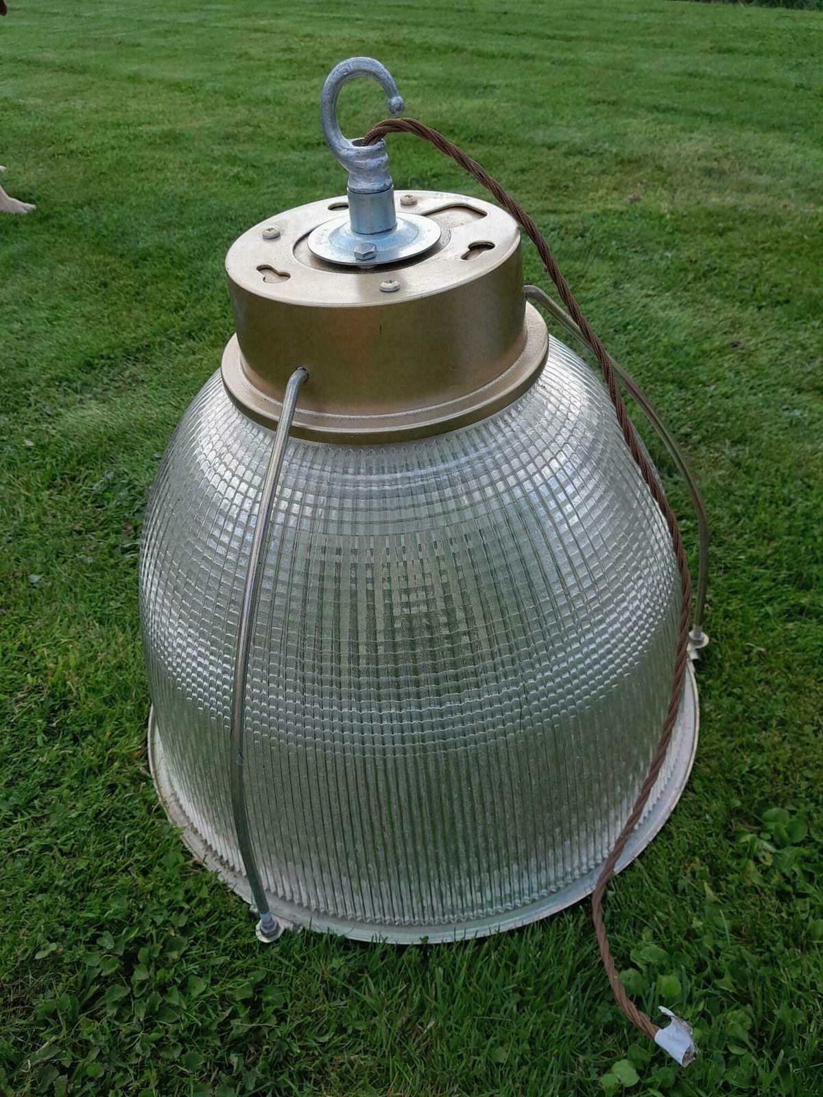 Pair Of Industrial Factory Holophane Down Light Glass Ceiling Shades