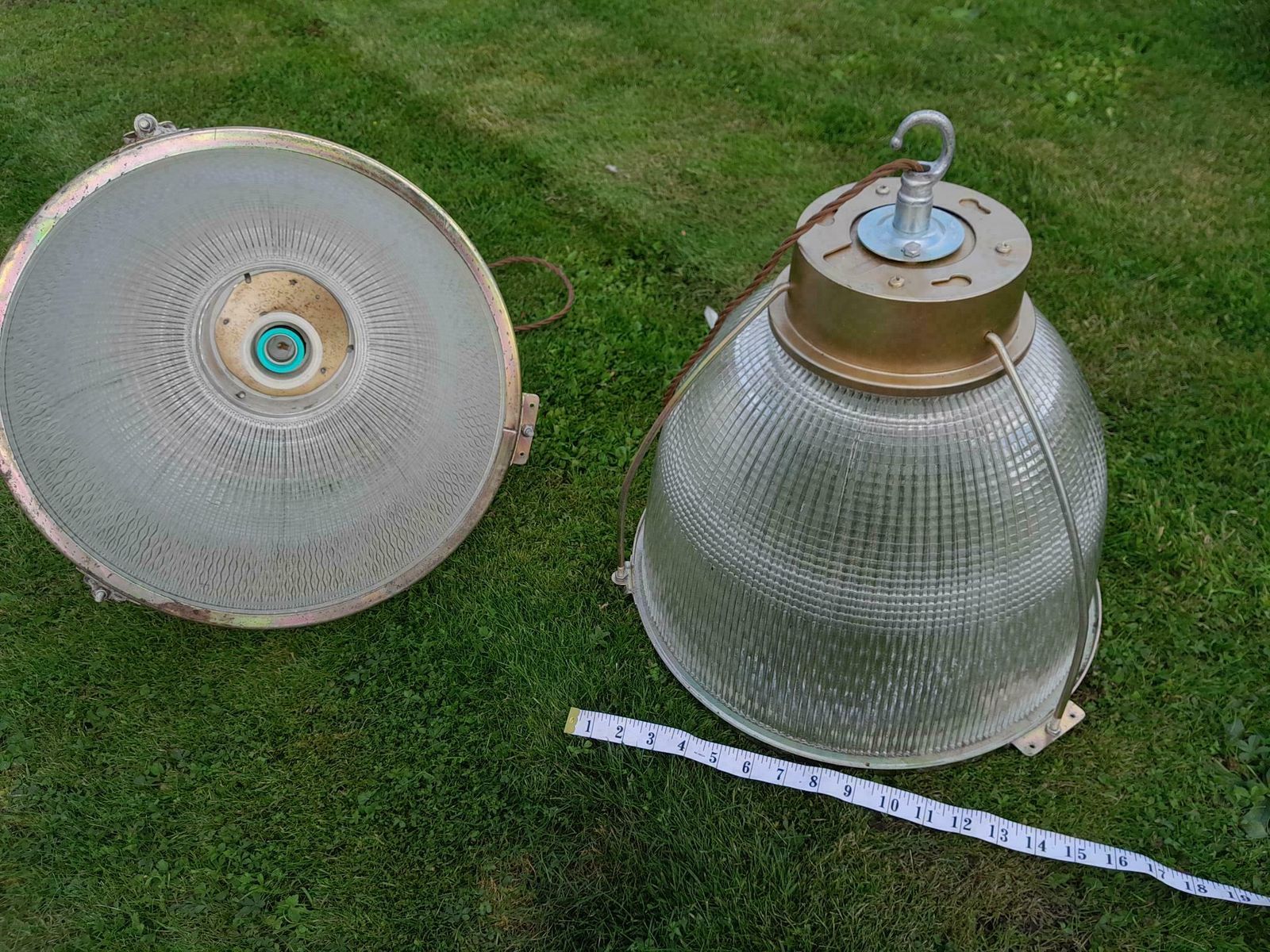 Pair Of Industrial Factory Holophane Down Light Glass Ceiling Shades photo for sale