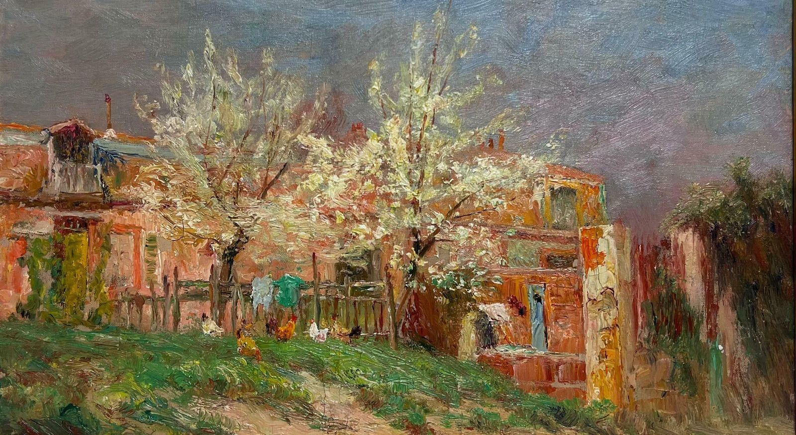 French School Antique French Impressionist Oil Chickens Before Farmhouse In Landscape photo furniture
