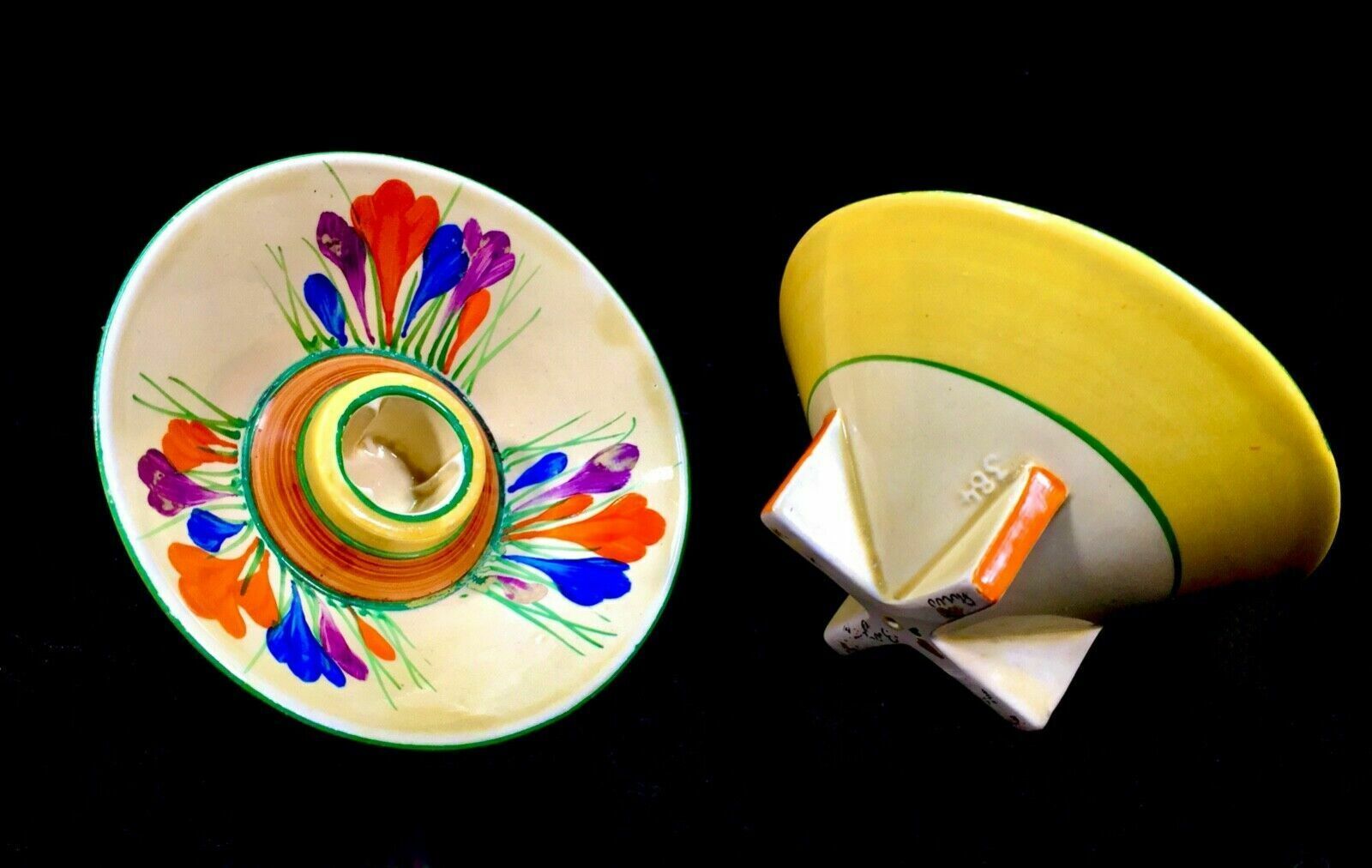 Antique Clarice Cliff Autumn Crocus Shape 384 Candle Stick Pair Pottery Bizarre photo furniture