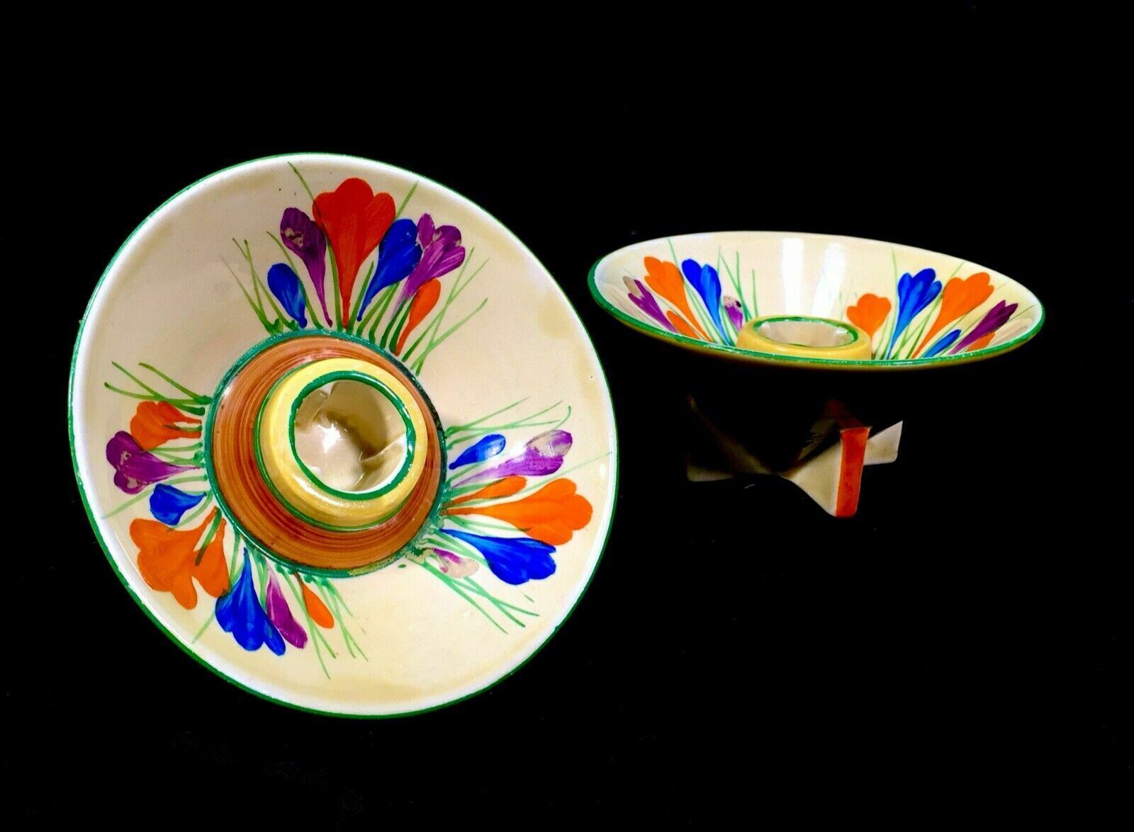 Antique Clarice Cliff Autumn Crocus Shape 384 Candle Stick Pair Pottery Bizarre photo for sale
