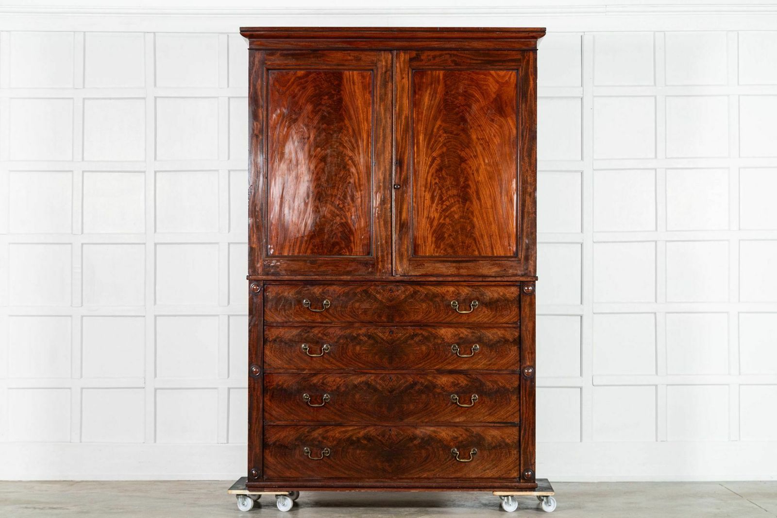 Large English Early 19thc Mahogany Linen Press