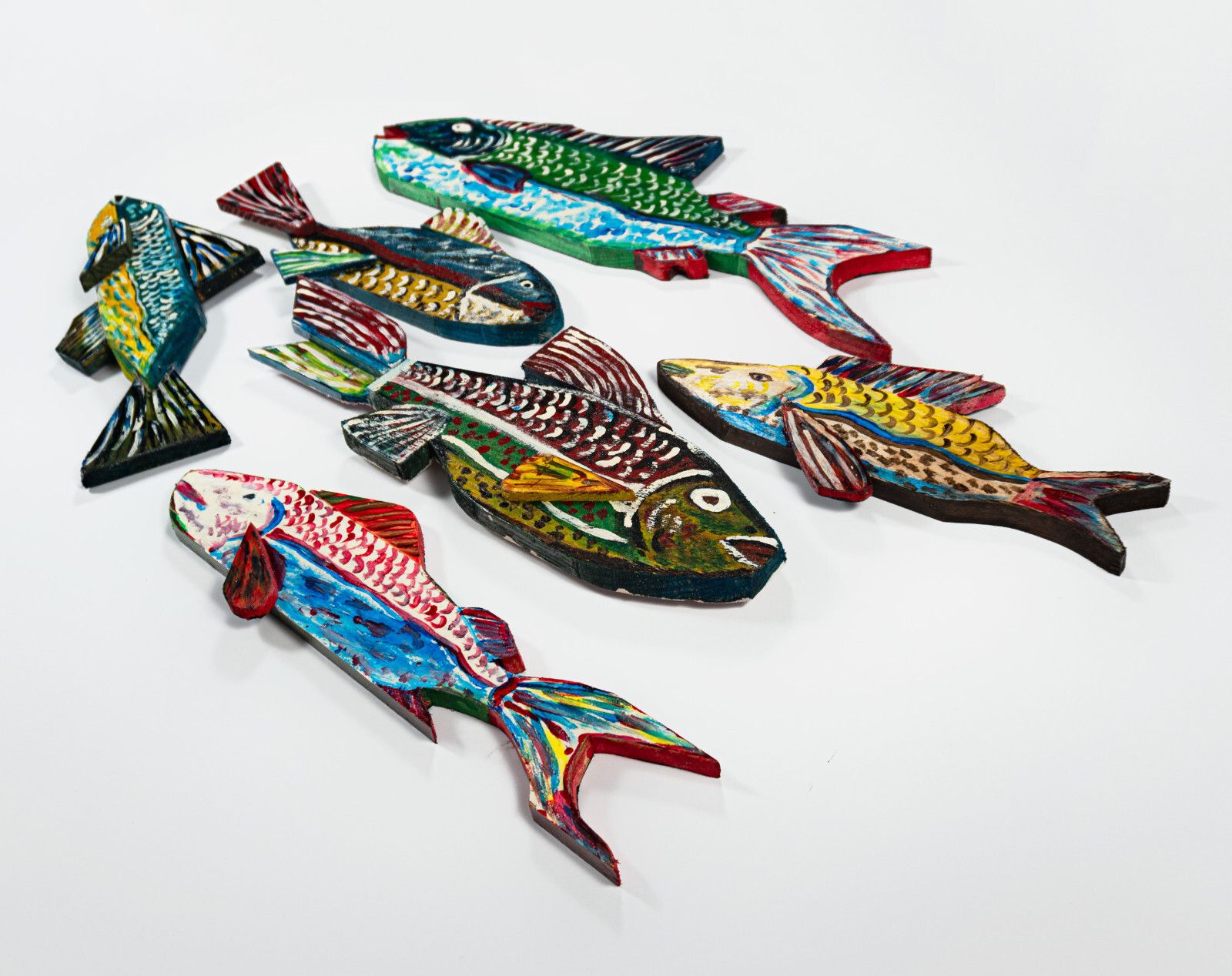Set Of 6 Large Painted Wooden Wall Hanging Fish Hand Made British Folk Art photo furniture