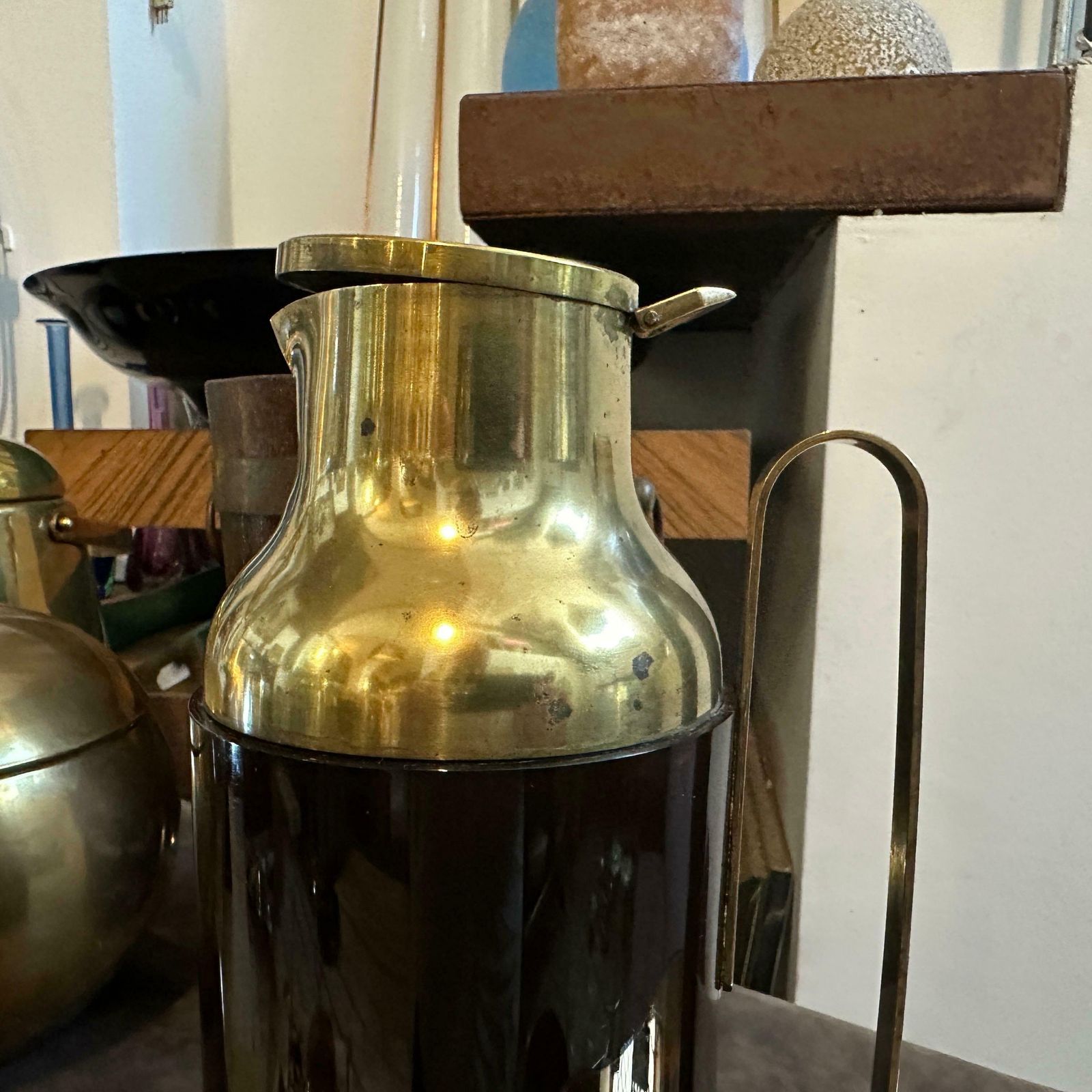 1950s Mid Century Modern Fake Tortoise Shell Bakelite And Brass Thermos Carafe photo buy