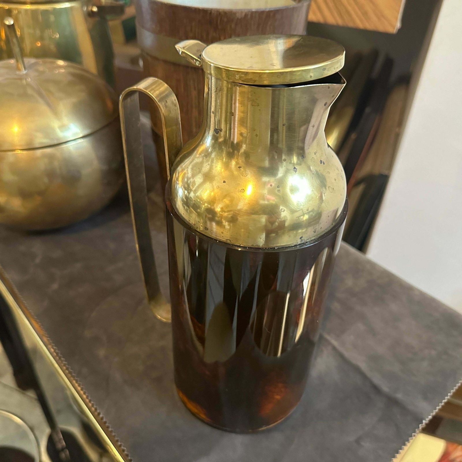 photo furniture 1950s Mid Century Modern Fake Tortoise Shell Bakelite And Brass Thermos Carafe