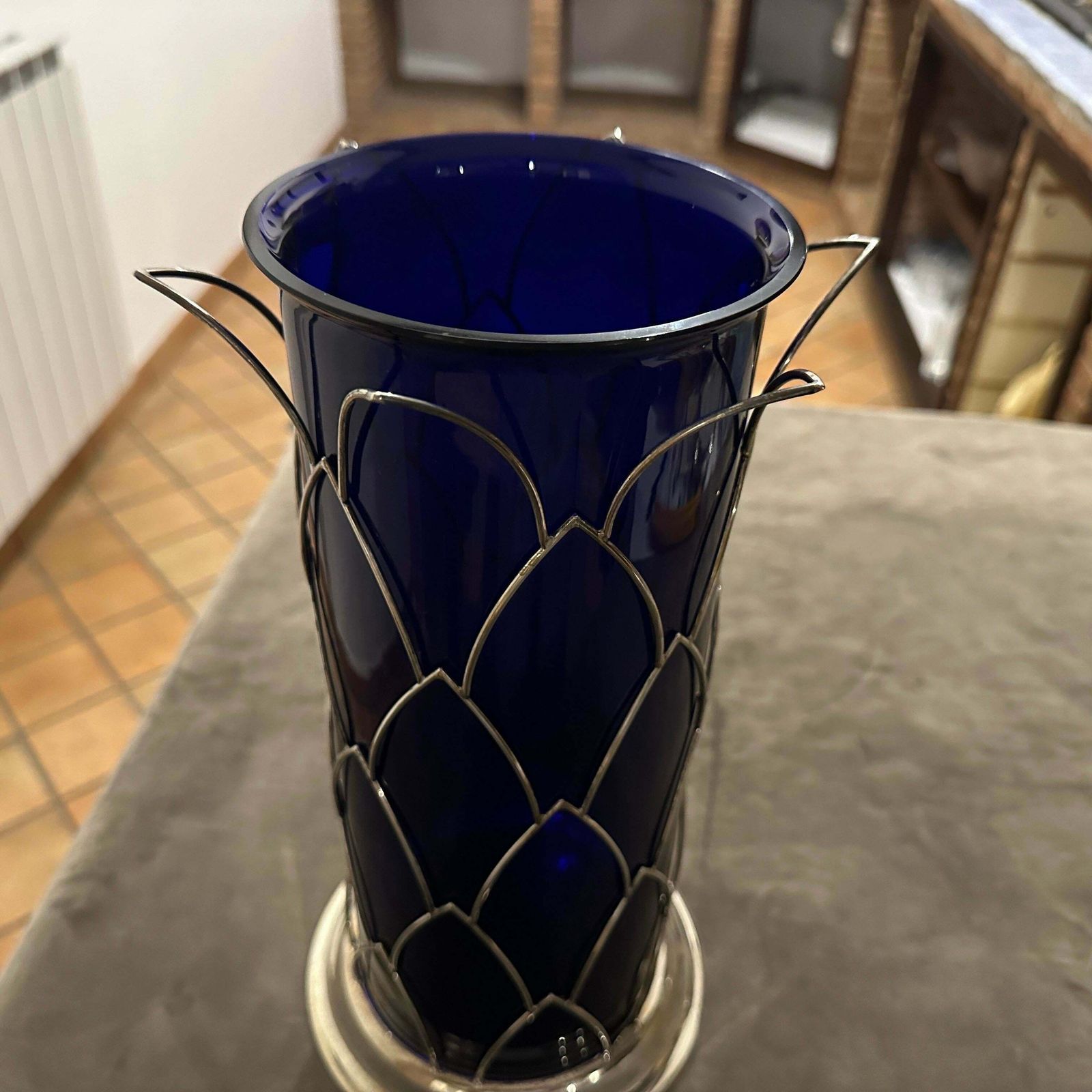 1980s Modernist Sterling Silver And Blue Murano Glass Vase By Cleto Munari photo for sale