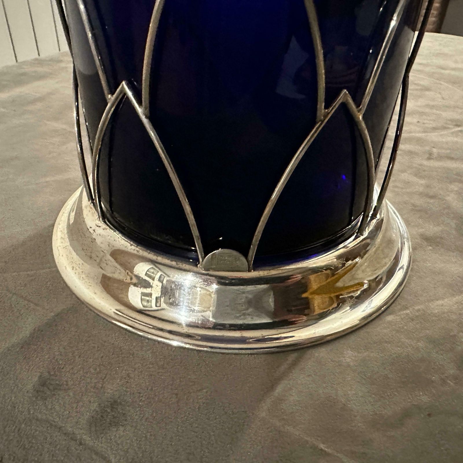photo furniture 1980s Modernist Sterling Silver And Blue Murano Glass Vase By Cleto Munari