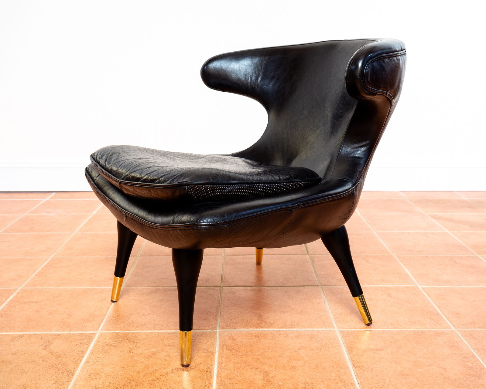 Italian Black Leather Statement Lounge Chair Mid Century Modernist Space Age Karpen Style Horn Chair Mcm Gold Brass photo 1995.0