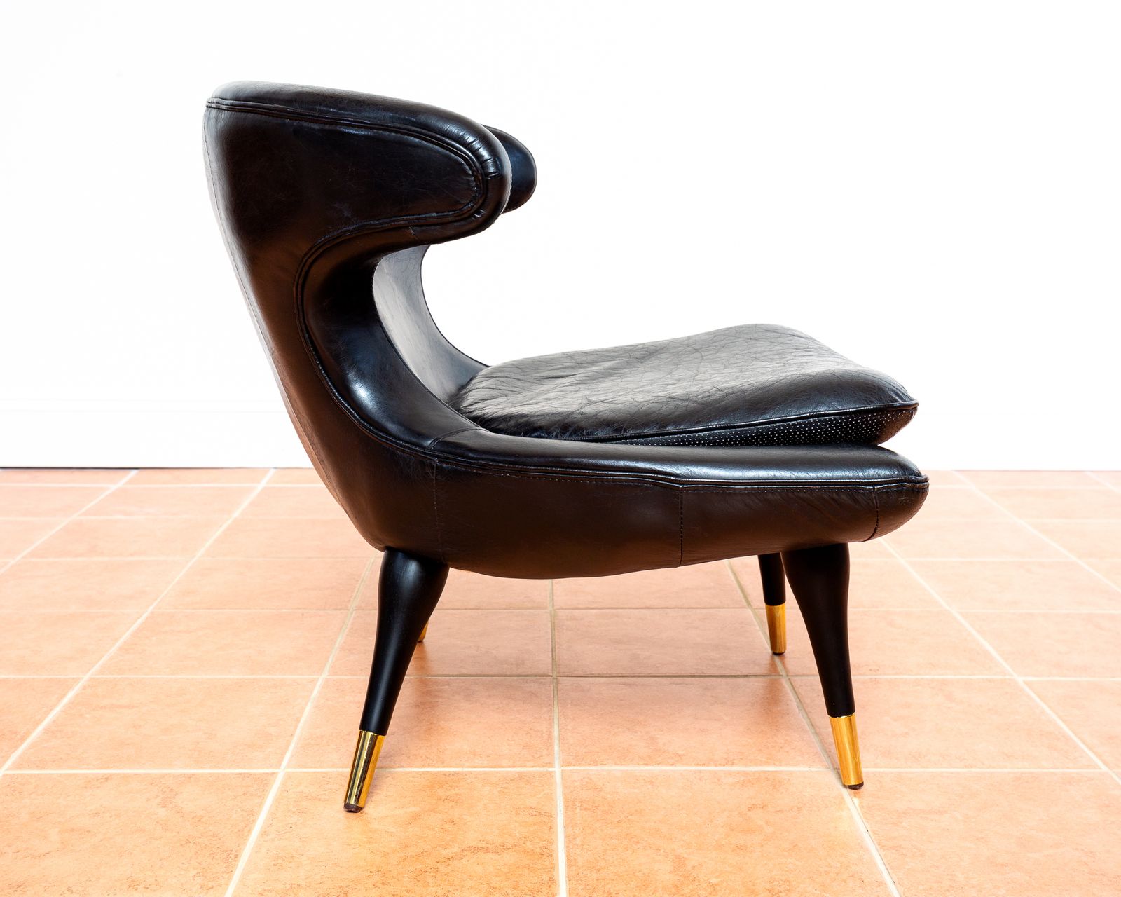 photo buy Italian Black Leather Statement Lounge Chair Mid Century Modernist Space Age Karpen Style Horn Chair Mcm Gold Brass