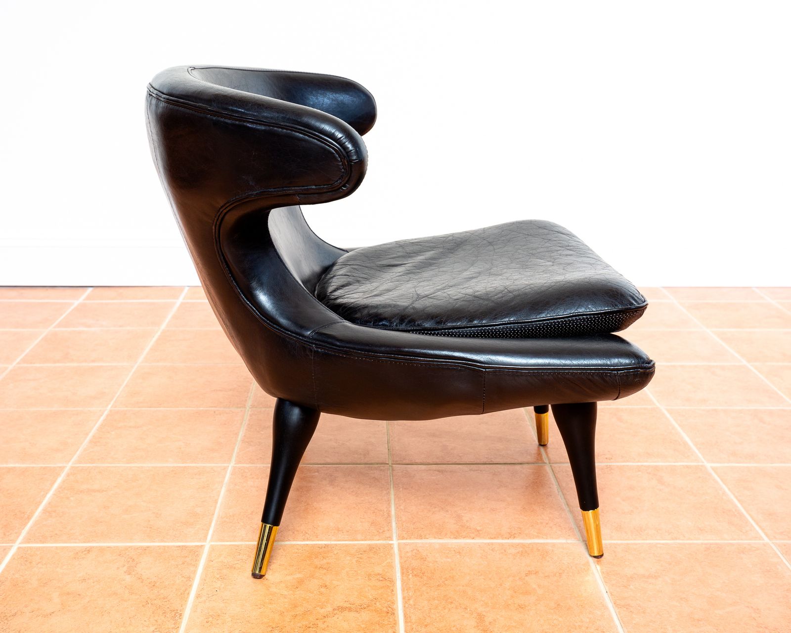 Furniture Italian Black Leather Statement Lounge Chair Mid Century Modernist Space Age Karpen Style Horn Chair Mcm Gold Brass photo