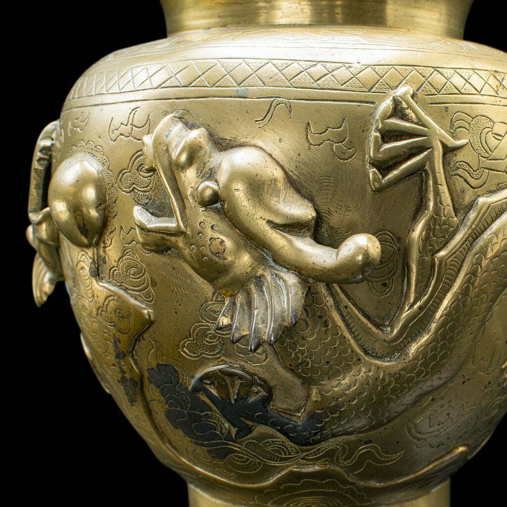 985.0 Pair Of Antique Flower Urns, Chinese, Bronze, Decorative Posy Vase, Victorian photo