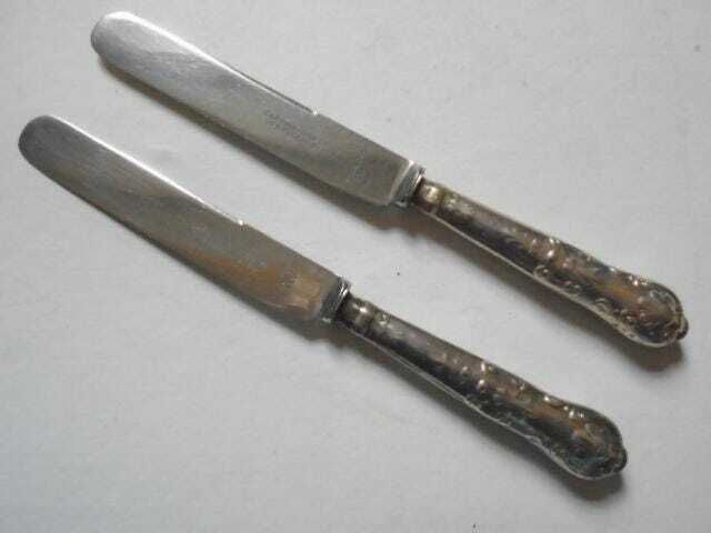photo for sale 2 Antique Silver Plated Blunt Round Nose Knives, Hollow Butter Knives 10 Inch, Carrington And Co. Ltd, London