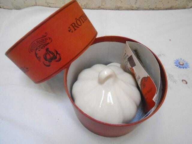 Vintage French Terracotta Garlic Roaster, White Ceramic Garlic Holder And Roaster photo for sale