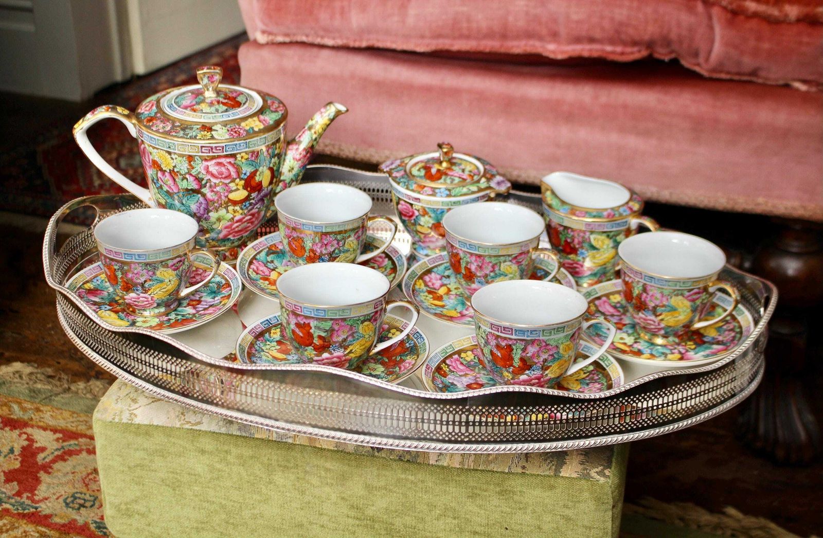 A Very Pretty Chinese Millefleur Tea Set For Six, Gold Ground photo for sale