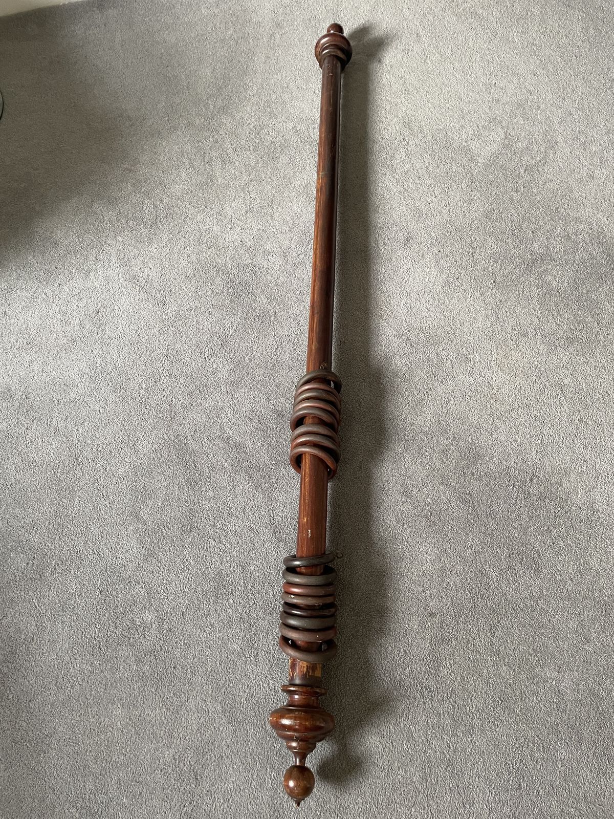 Wooden Curtain Pole (137cm Long X 4cm Diameter) With 2 Finials (14cm Long X 8cm Diameter), 16 Wooden Rings (8cm Diameter) And Pair Of Brass Brackets