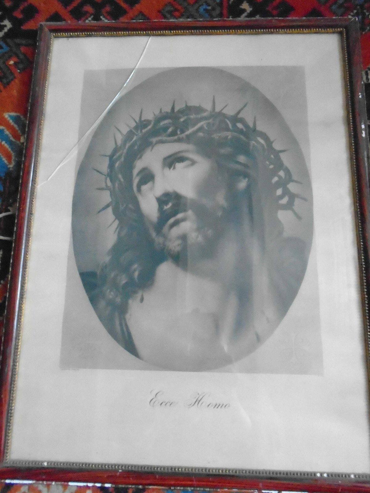 Antique French Framed Religious Print Of Jesus With Crown Of Thorns, Ecce Homo, 52 X 39 Inches photo furniture