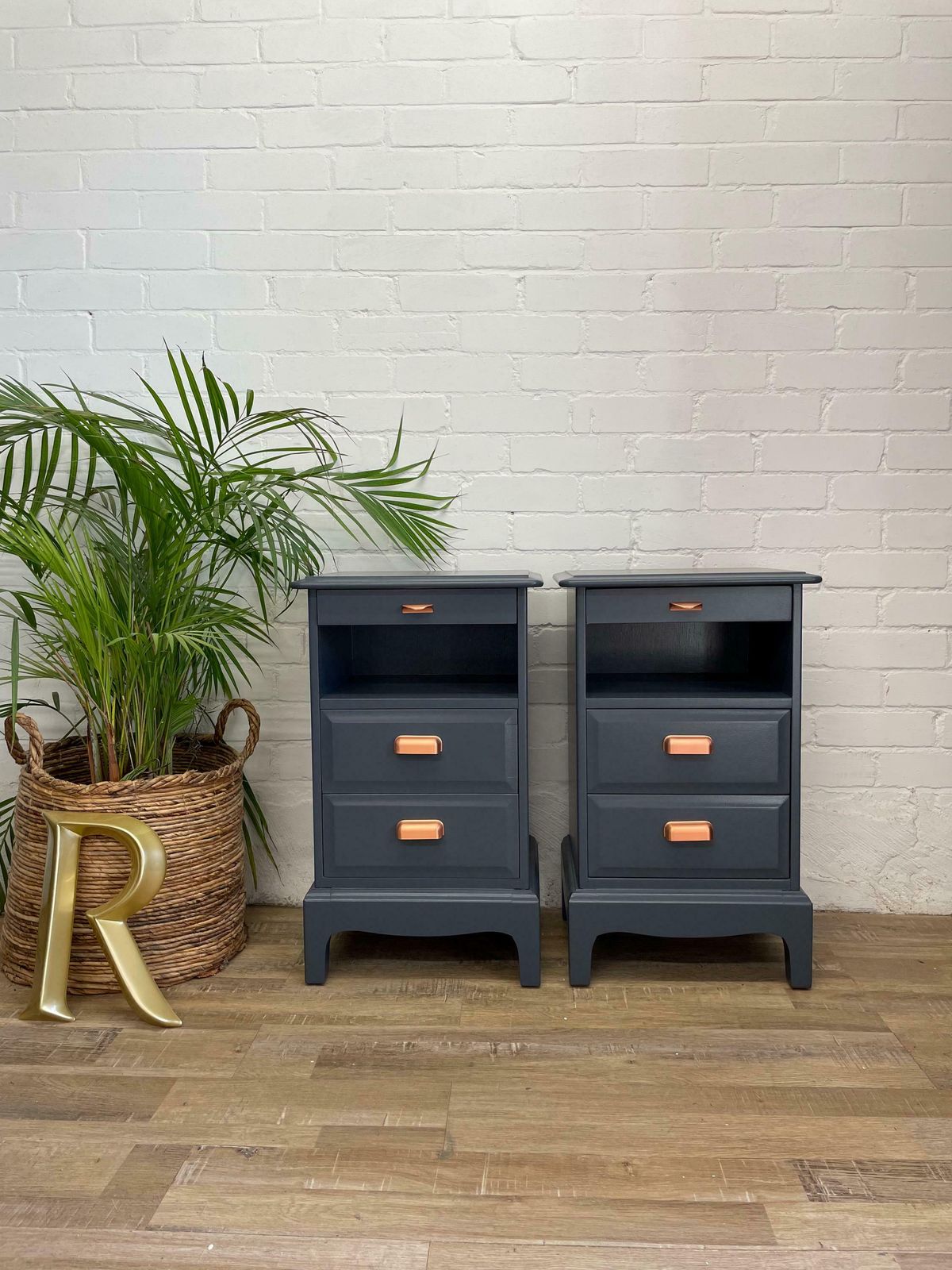 Pair (2) Of Stag Minstrel Narrow Bedsides Painted ‘Rooster Blue’