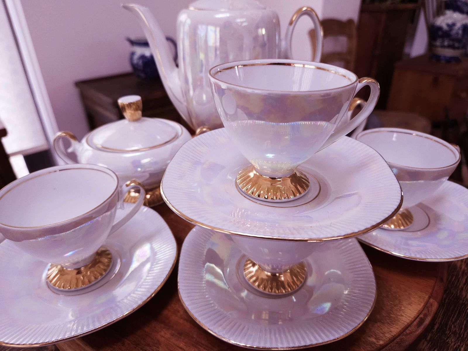 Rare & Exceptional 1960s Chodziez Demi Tasse Set In Pearlescent 'Shell' Style photo vintage