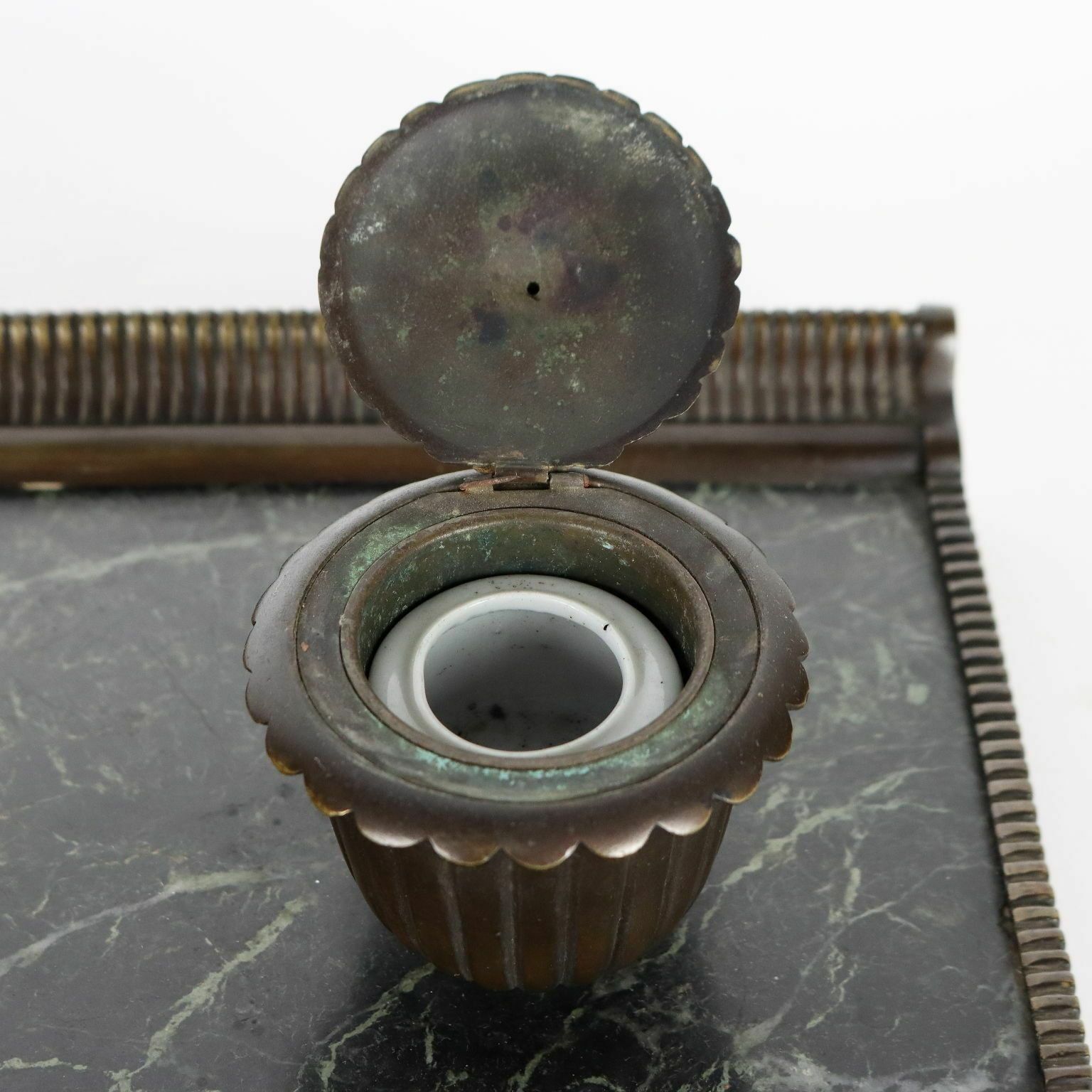 Antique Inkwell Green Marble Bronze Italy XX Century photo vinterior