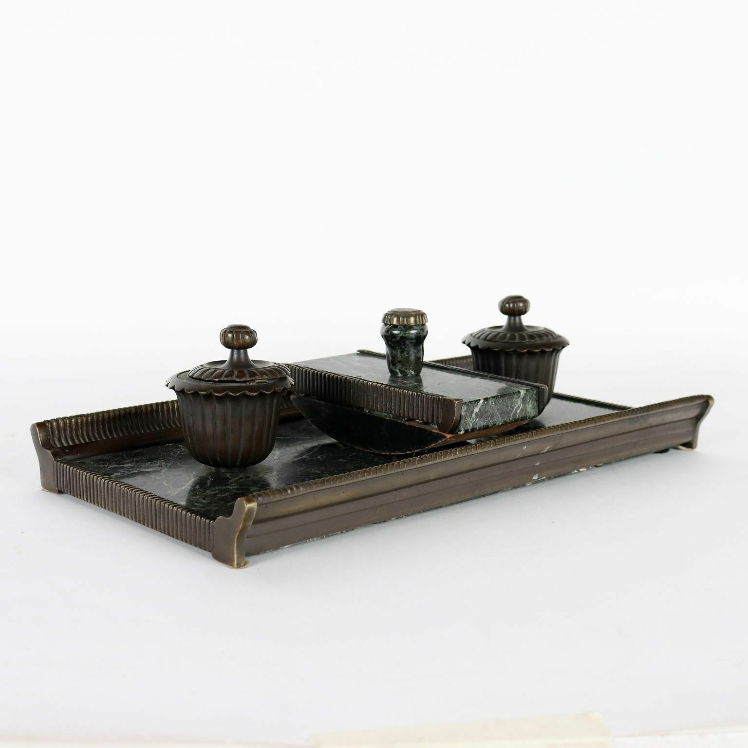 photo furniture Antique Inkwell Green Marble Bronze Italy XX Century