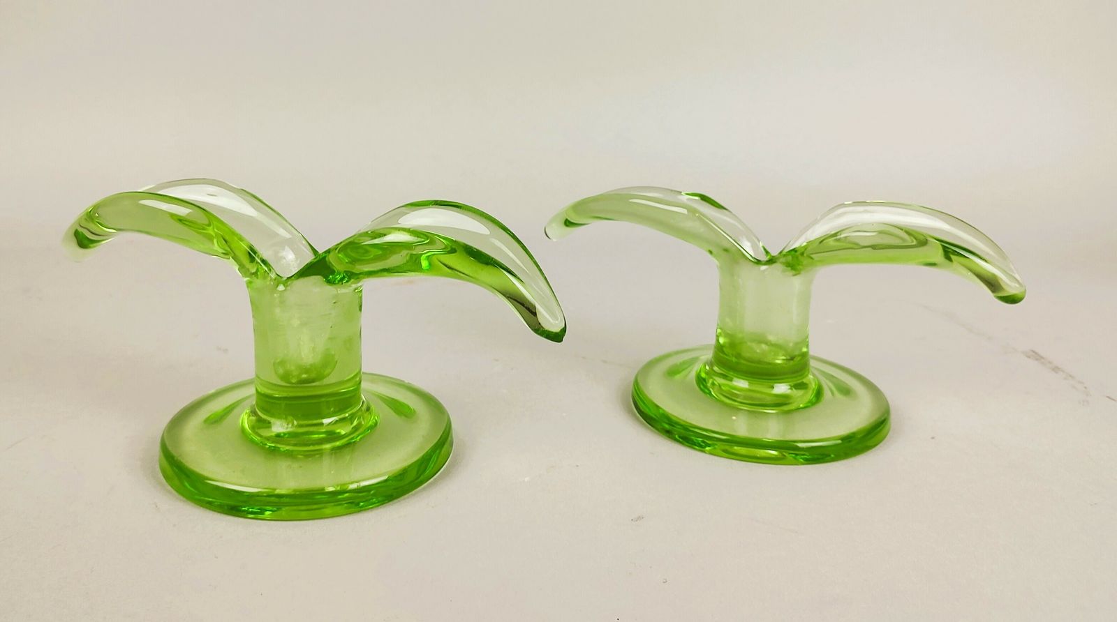 A Pair Of Green Glass Candlesticks Model "Lilja" Made By Trelleborg Glassbruck