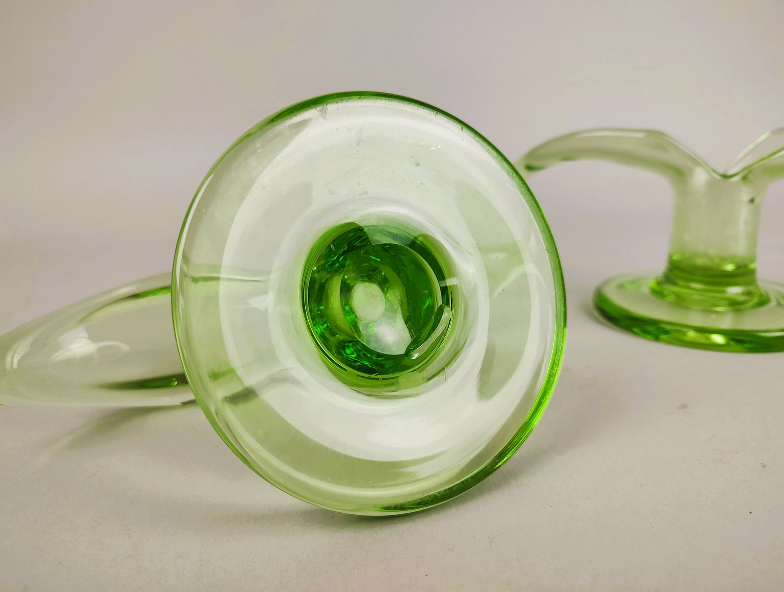 A Pair Of Green Glass Candlesticks Model "Lilja" Made By Trelleborg Glassbruck photo for sale