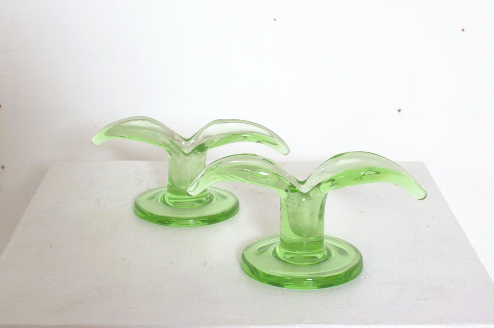photo furniture A Pair Of Green Glass Candlesticks Model "Lilja" Made By Trelleborg Glassbruck