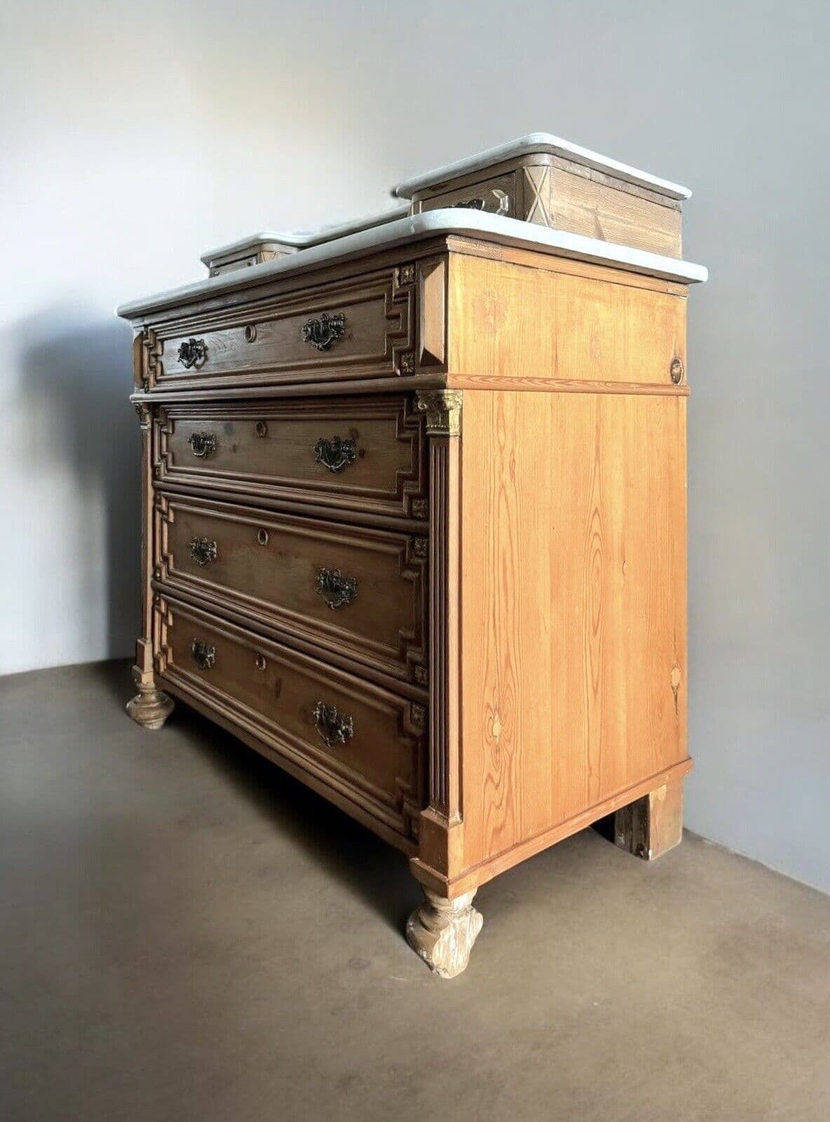 Antique Solid Pine French Style Marble Top Dresser Washstand Chest Of Drawers photo for sale