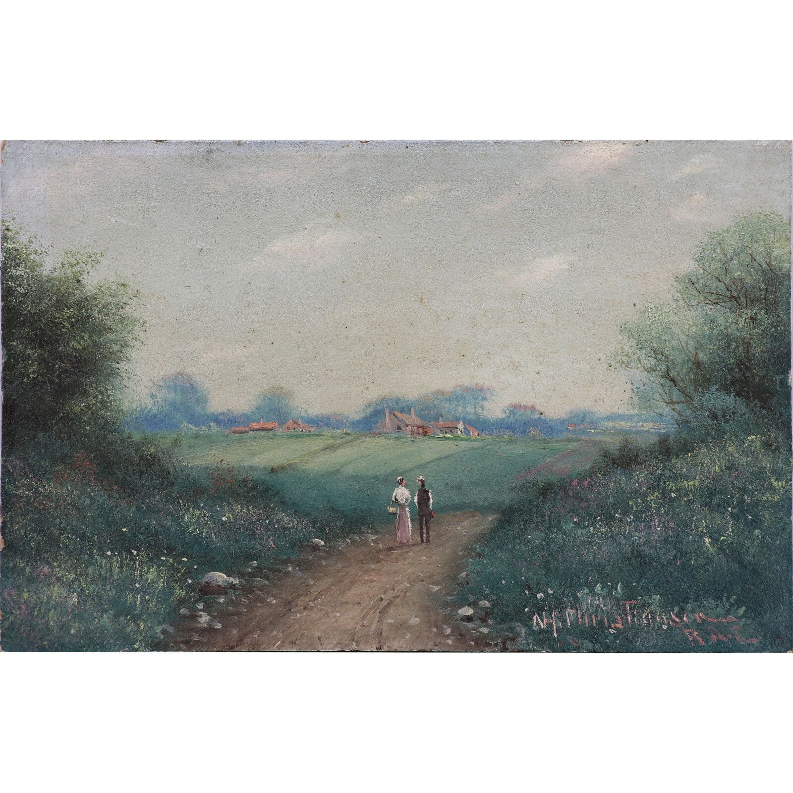 Oil On Board By Nils Hans Christiansen. Couple On A Country Lane.