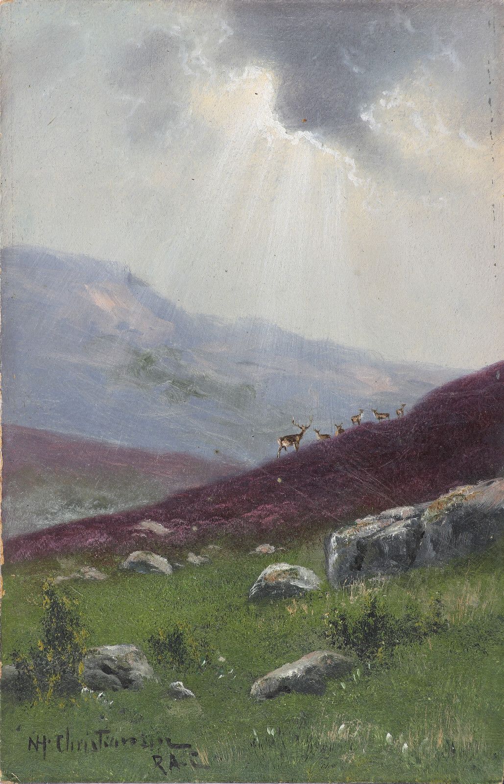 Oil On Board By Nils Hans Christiansen. Deer With Sun Breaking Through Cloud. photo for sale