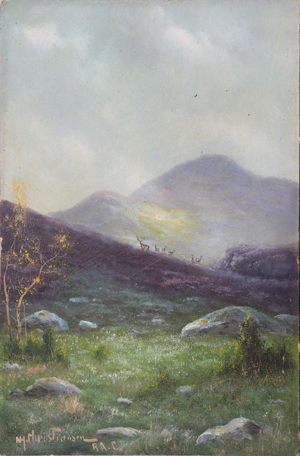 Oil On Board By Nils Hans Christiansen. Deer On Misty Mountainside. photo for sale