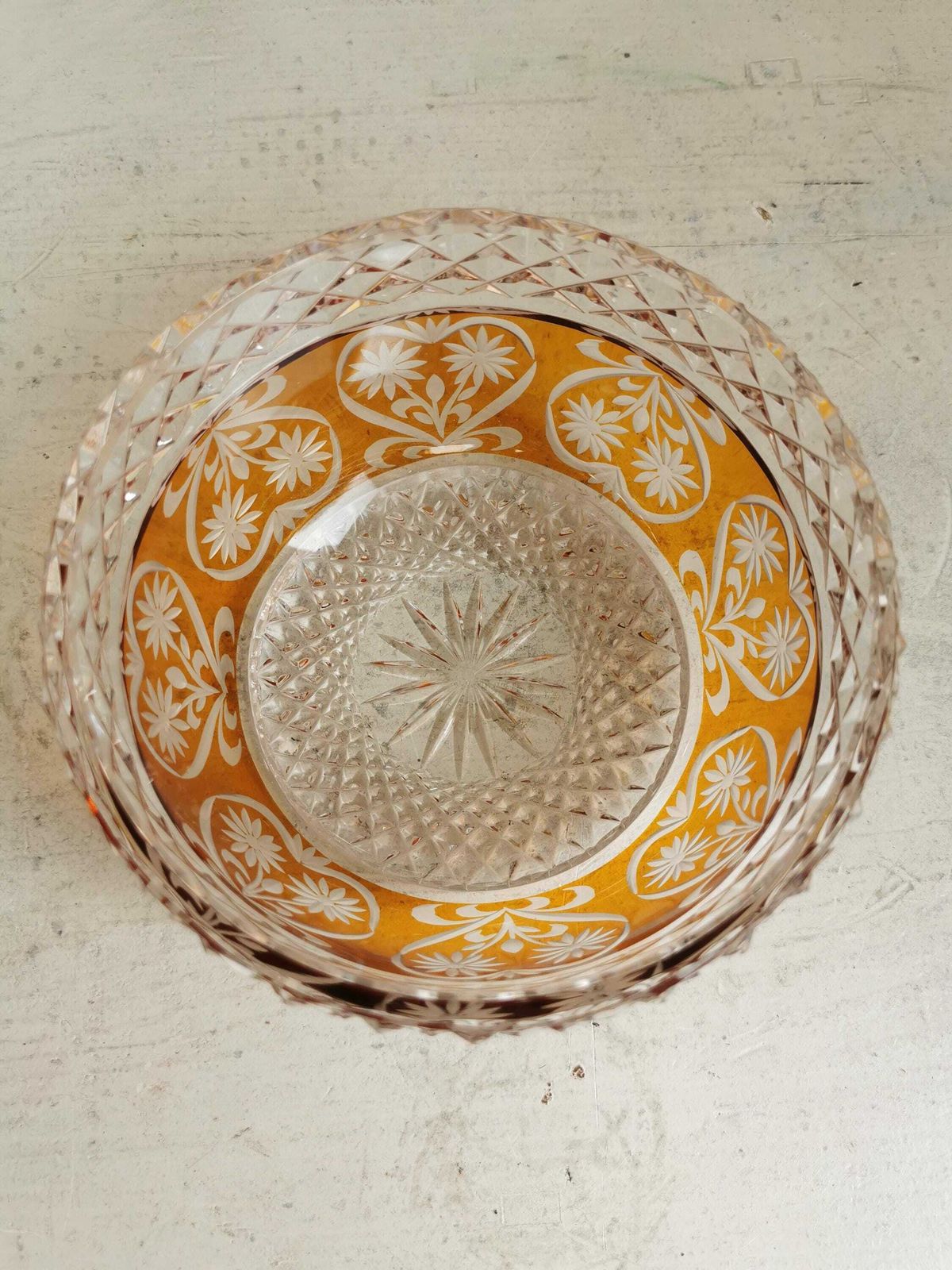 Vintage Crystal Candy Bowl / 1970s / Clear And Amber Fruit Pot / Table Centerpiece / Flower Container / Bohemian Crystal Glass photo for sale