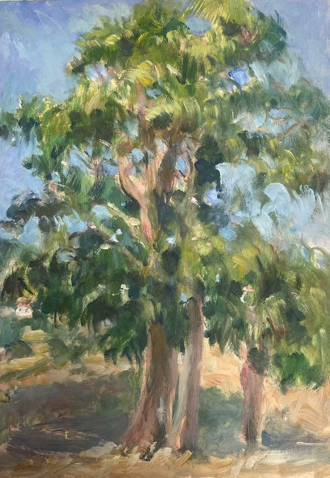 Y. Blanchon1930's French Gouache Tall Oak Tree's In Blue Sky Landscape1930's
