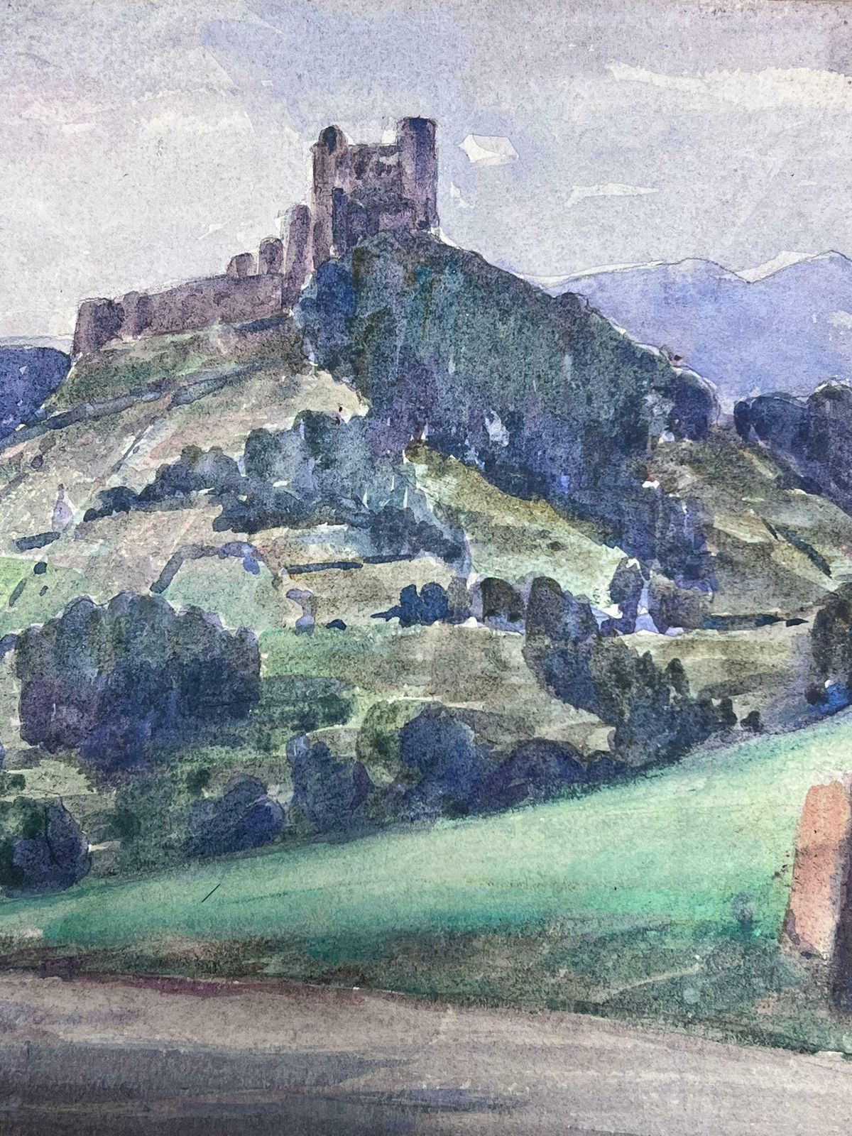 Louise Alix1930's French Impressionist Watercolour Castle On Top Of The Green Mountains1930's photo for sale