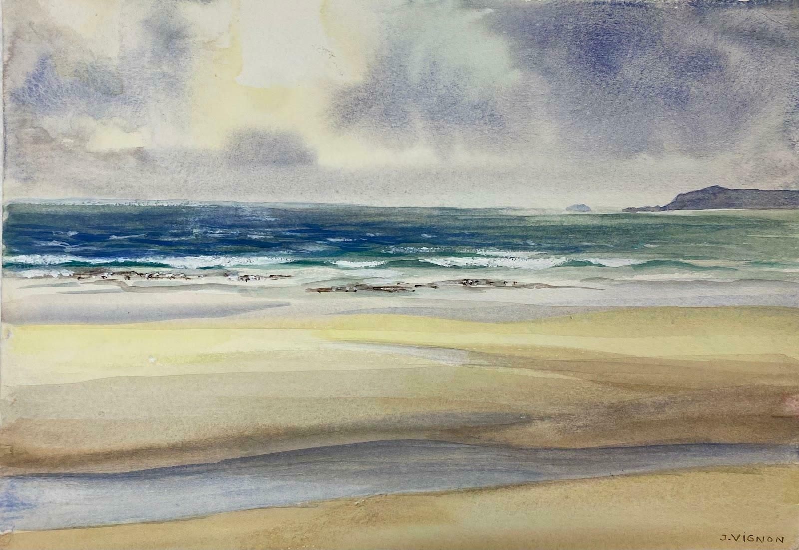 Josine Vignonpost Impressionist French Watercolour Painting Sun Peering Over Beach Scenec.1989