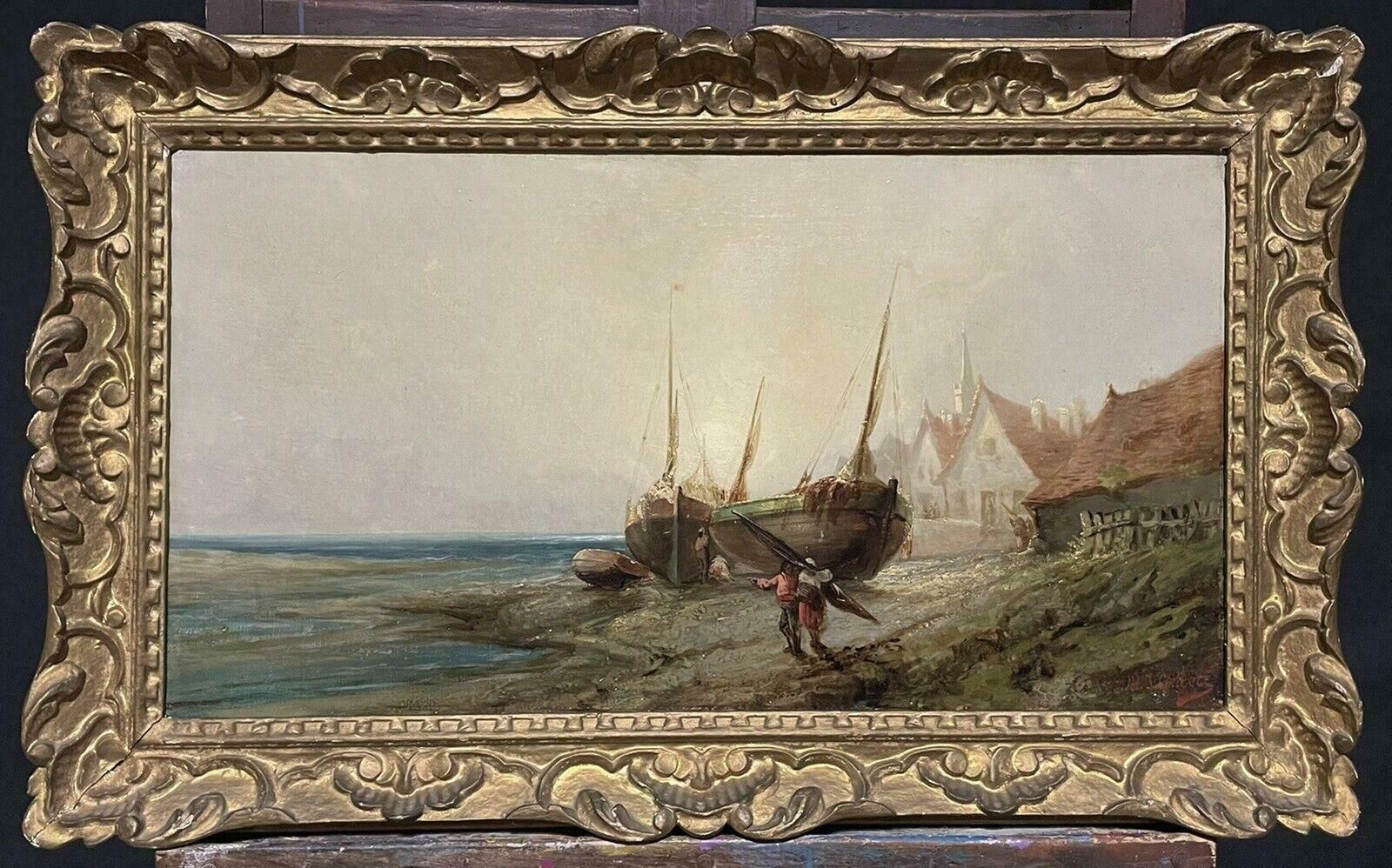 French School19th Century French Signed Oil, Fishing Folk On The Shore At Sunrise By Boats
