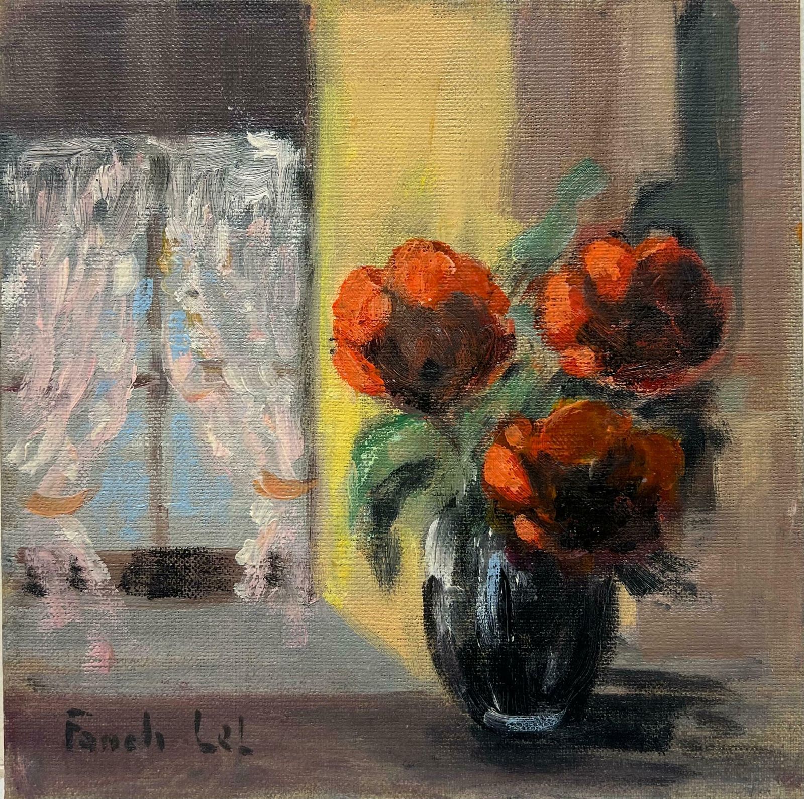 Fanch Lelcozy Still Life Of Red Peonies In Black Vase By A Sunlit Window French Oil20th Century